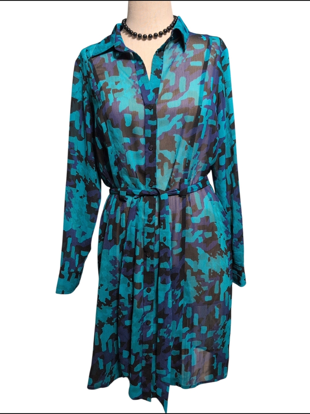Nwt The Limited Teal and Navy Abstract Dress Sheer Beach Club Casual Travel Lg